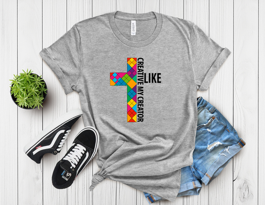 Creative Like My Creator Quilt Cross T-Shirt | Faith & Sewing Tee